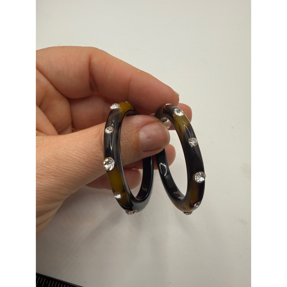 Tortoise Shell Resin Hoop Earrings Rhinestone Accents Brown Acetate C-Hoops